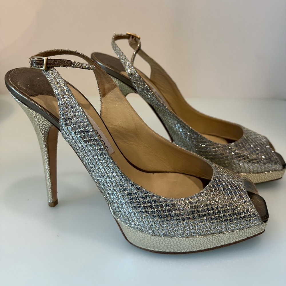 AUTHENTIC JIMMY CHOO NOVA Leather Gold Glitter Platform Sole Shoes
